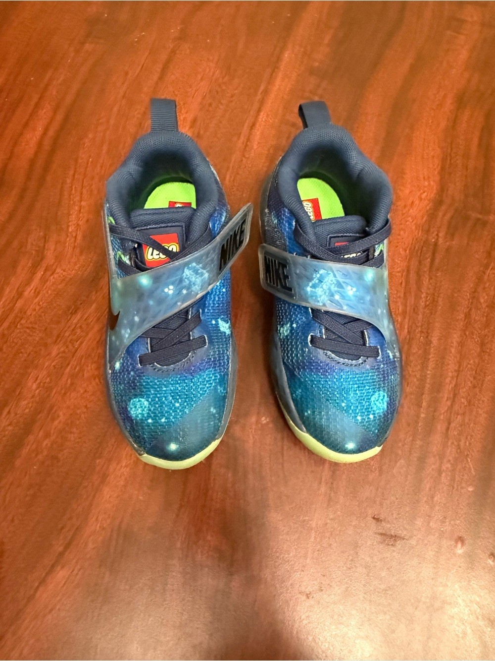 Nike Kids Blue Galaxy Strap Sneakers with Neon Green Insoles